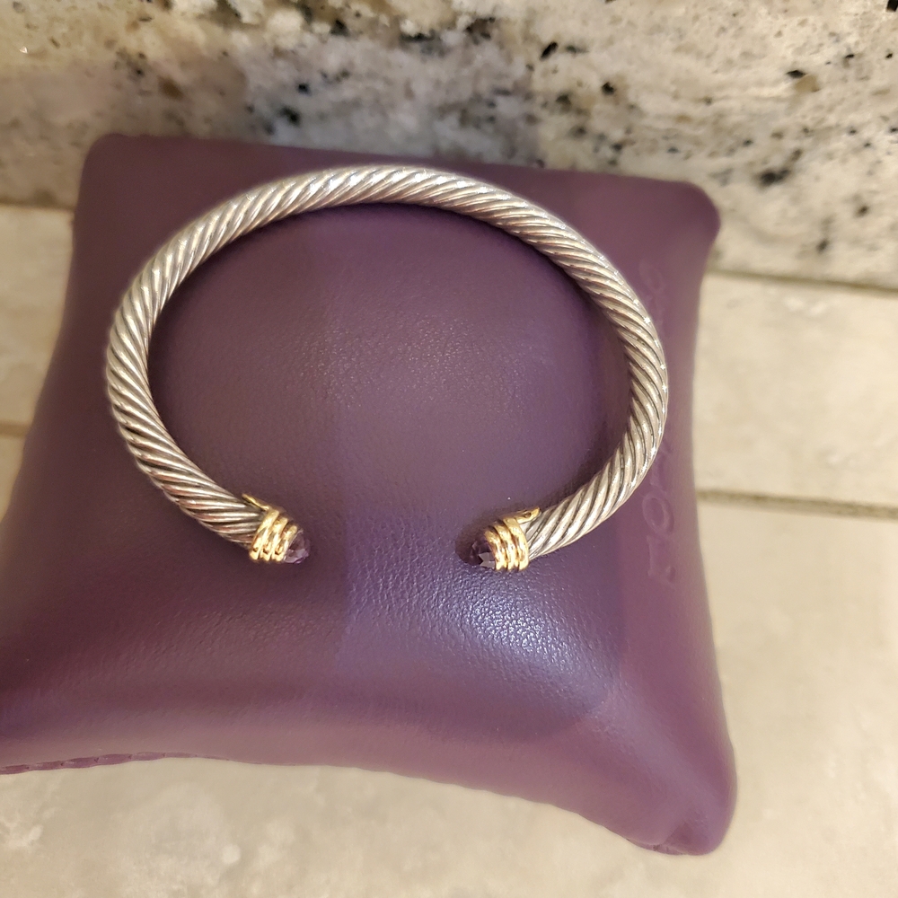 David Yurman Silver Cable Bracelet with Gold & Amethyst stone